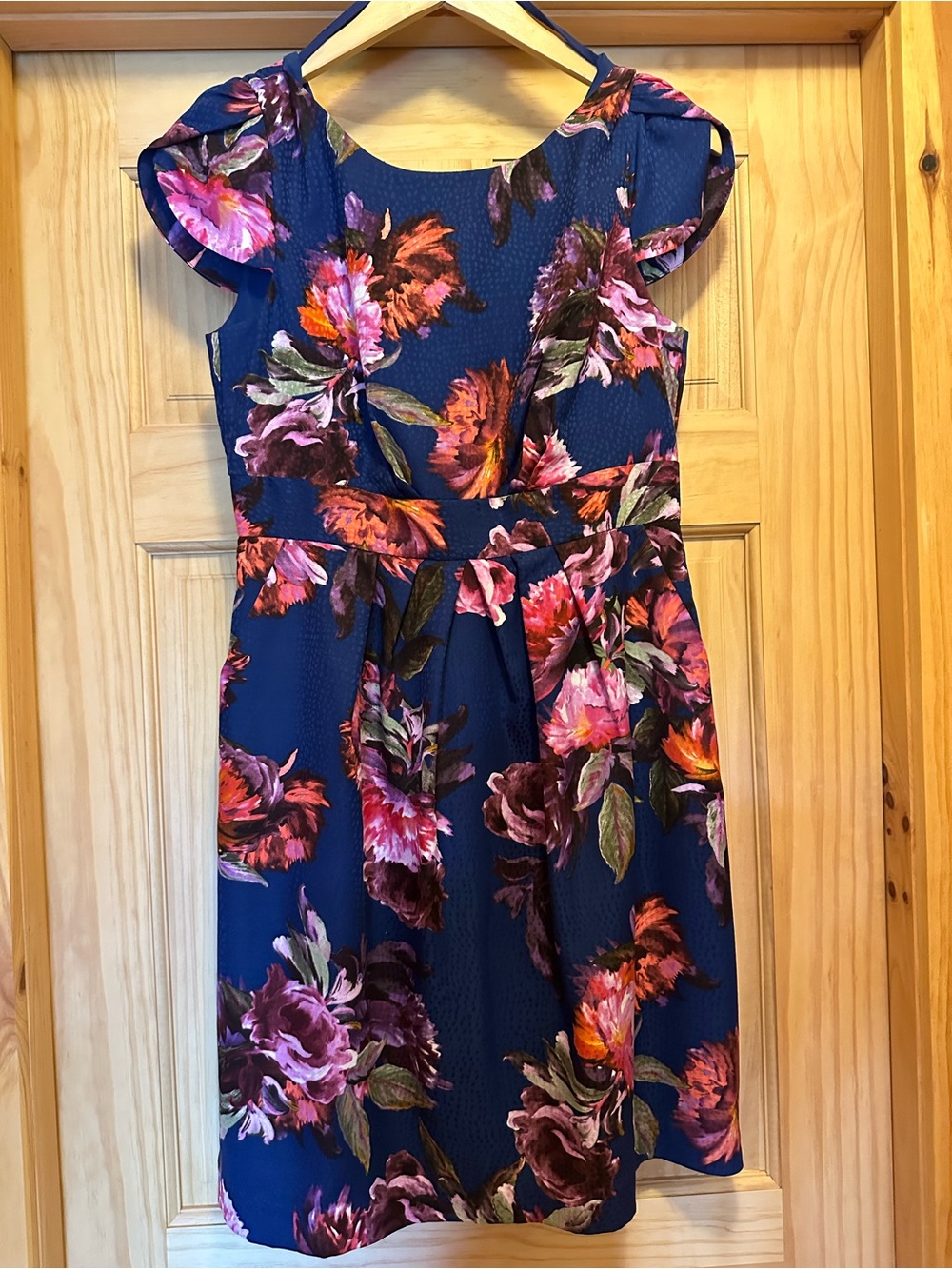 Anthropologie Navy Floral Fit-and-Flare Dress with Pink & Orange Blooms